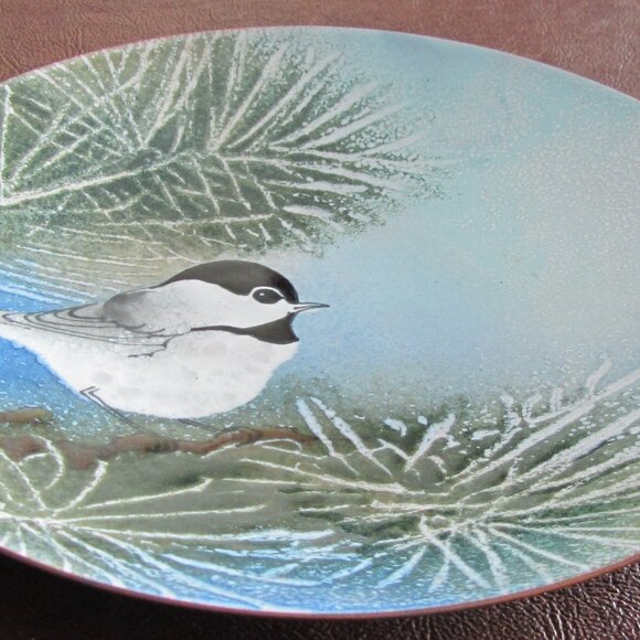 Norman Brumm Enamel on Copper Plate 7" - Chickadee Bird Winter Scene - Picture 2 of 5